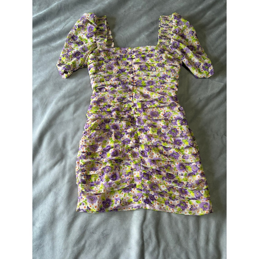 Zara Floral Ruched Mini Dress Purple White Puff Sleeve
